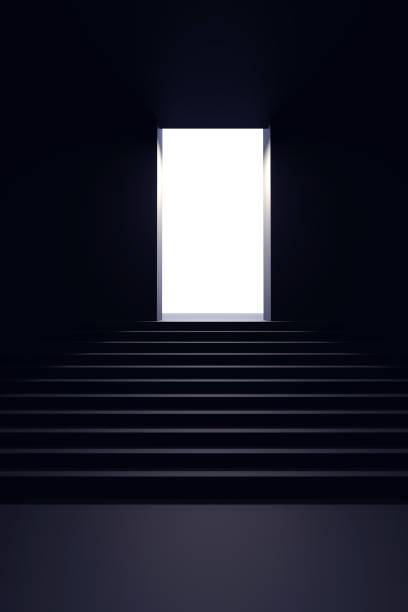 Mystical horror scary garret background to halloween. Old antique dirty wooden staircase in the dark in a mysterious paranormal spooky basement or attic with black shadow in the blue light of the moon