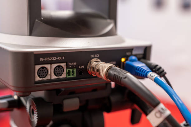 Close-up of a professional video equipment rear panel with connected cables including 3G-SDI, RS232, and RS485 ports. Essential for broadcast or video production setup.