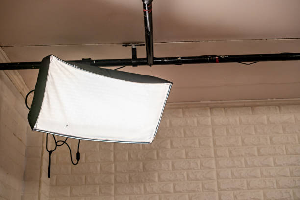 istock Soft box lights are installed on the ceiling of the content creator's studio with brackets. Concept of using light box lights indoors 2176700841