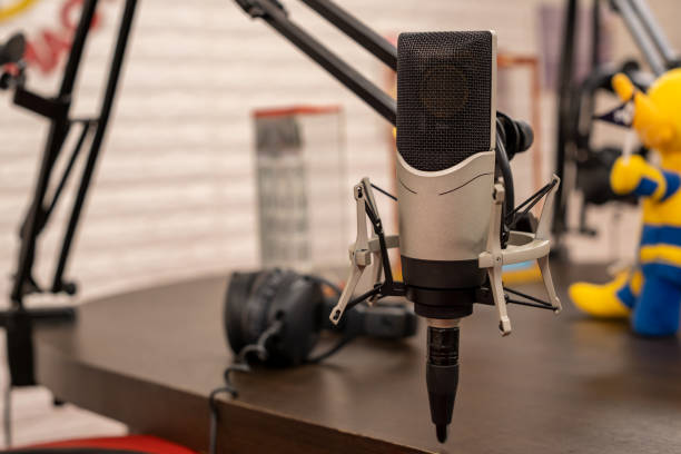 istock Professional condenser microphone hanging on adjustable arm in radio station studio or podcast 2176700942