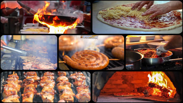 Chef Cooking With Fire in Frying Pan. Grilling Delicious Chicken Breasts, Fish and Sausages. Chef Making Pizza.