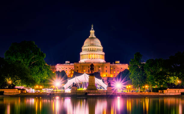 U.S. Capitol Building at night with reflections in water