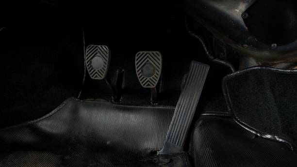 Vilnius, Lithuania - October 7, 2025: View to three pedals of a classic Porsche 911 SC - gas, brake and clutch pedals.
