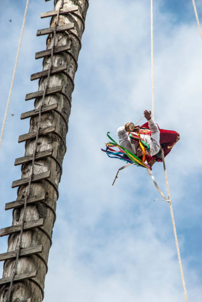 Papantla, Veracruz, México; 05 07 2022: Papantla flyers performing their act.