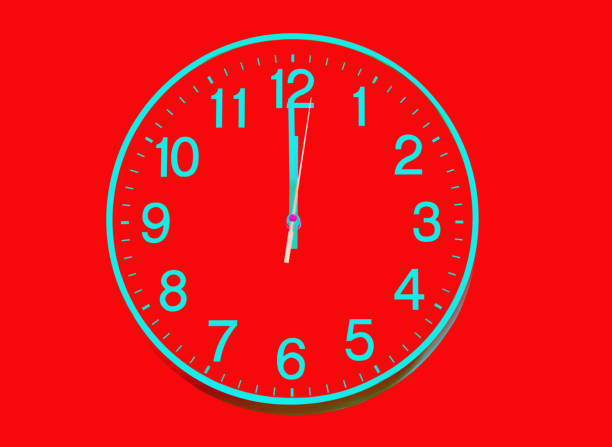 New Year. Round clock with blue dial on red background 12 hours or 0:00, 24. Time management.