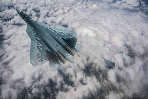 istock SU-57 Jet fighters flying over clouds. 2176730224