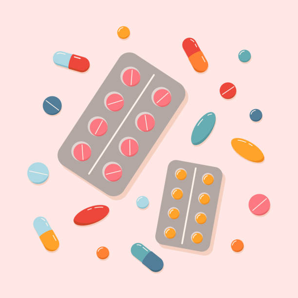 vektorová sada blistrové balení různých pilulek, léků nebo vitamínů. zdravotnický, farmaceutický nebo medicínský koncept. ručně kreslené kreslené ilustrace, plochý design pro webový banner, plakát, karta, šablona, kryt - antibiotikum stock ilustrace