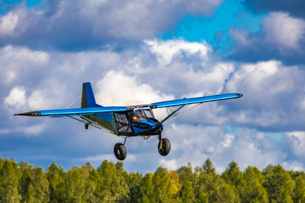 istock Ultralight planes flying low over a grassy airport 2176733879