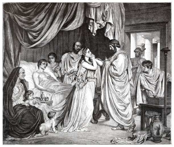 ilustrații de stoc cu hipocrate din kos cu o persoană bolnavă în ilustrația din atena - grecia antică