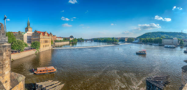 Panoramic view of Vltava River with tour boats and historic architecture in Prague, Czech Republic