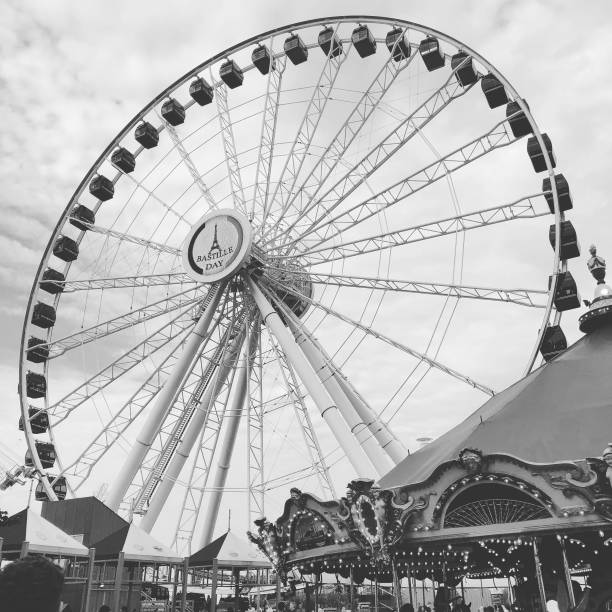 Black and white shot of Chicago’s Ferris wheel during summertime.