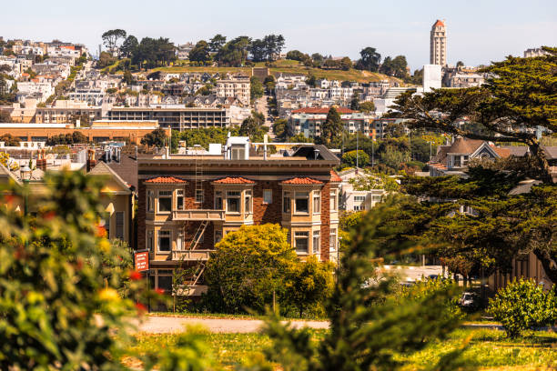 San Francisco's hillside neighborhood showcases a blend of architectural styles in California. Victorian houses with bay windows sit alongside modern apartments. Coit Tower, an Art Deco landmark, rises above the cityscape. Trees and greenery intersperse the urban landscape, highlighting the city's diverse architectural character.