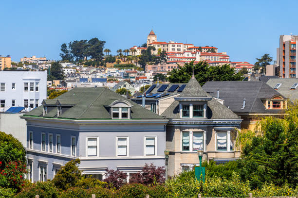 istock Exploring San Francisco, CA architectural heritage. Victorian houses adorn hillside beneath USF Lone Mountain 2176746763