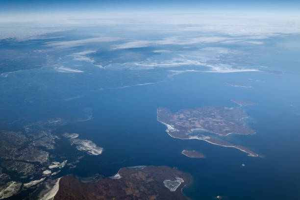 An aerial view of Washington Island, Wisconsin. Washington Island is part of Door County. It is located in Lake Michigan at the mouth of Green Bay.