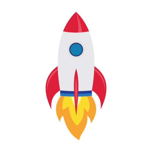 A modern rocket illustration in red, white, and blue. A simple design symbolizing space launches, innovation, and technology.