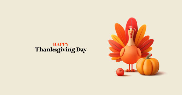 istock Happy Thanksgiving. 3D stylized cute turkey bird, pumpkin, apple. Modern banner for concepts and advertising of the celebration of Thanksgiving Day. Minimalist image. Vector 2176795536
