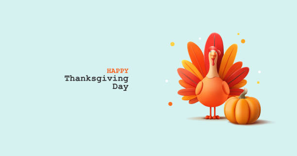 istock 3D turkey bird with a bright tail near a pumpkin. A blue banner with a bright character and a pumpkin. Thanksgiving web banner. National American traditions. Vector 2176795551