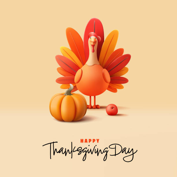 istock Stylized bright domestic turkey bird, 3D. Pumpkin and apple. Modern rich fall banner for Thanksgiving celebration concepts. Vector 2176795556
