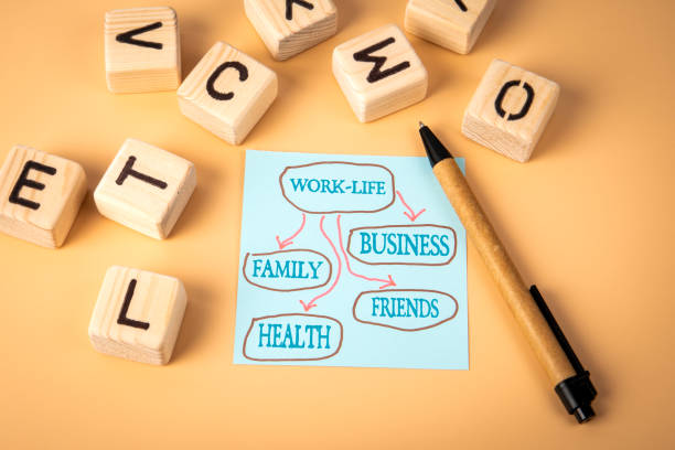istock Work life balance. Notepad and wooden alphabet letters on a light background 2176811563