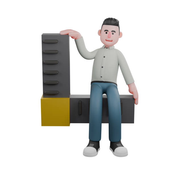 Male Writer Cartoon in 3D. A male writer sits on a triangular ruler with both hands holding each corner of the ruler. Literary Crafting Illustration