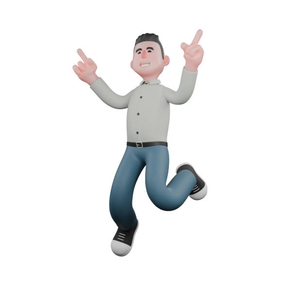 istock Professional Writing Specialist Character. A male writer jumps happily with both hands pointing upwards. 3D Male Model 2176818292