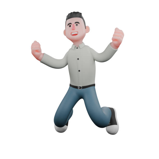 istock Writing 3D Illustration. A male writer jumps with a happy expression while both hands are clenched parallel to the shoulders. Professional Male Writer 2176818728