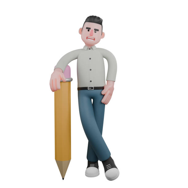 istock Creative Writing Provider 3D. A male writer is standing next to a large pencil with his right hand resting on the pencil and his left hand on his waist. Male Writer Cartoon 2176818779