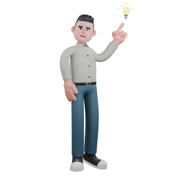3D Literary Practitioner. A male writer is standing while pointing at a light bulb that is on his left side. Male Writer