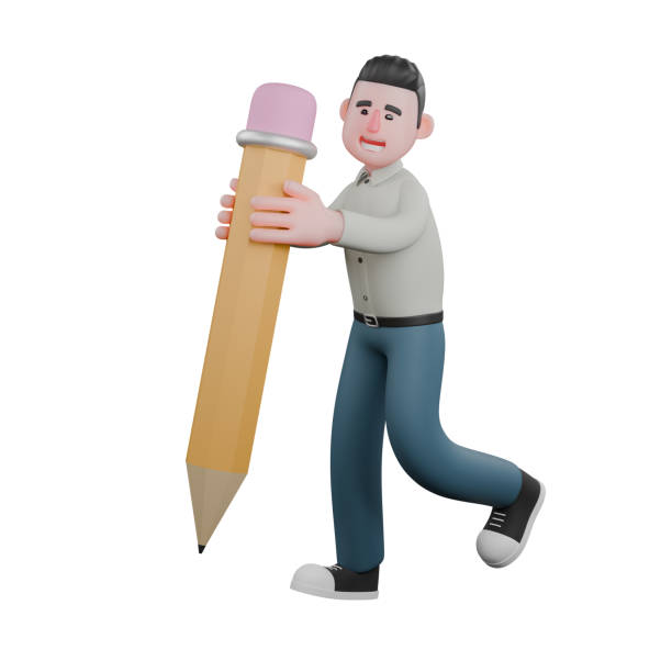 istock 3D Professional in Writing. A male writer is standing with his left leg raised while holding a large pencil. Male Writer 2176819815