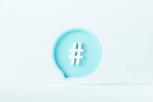 istock Hashtag sign symbol in social media notification icon on blue background, 3D render hashtag search link symbol on social media notification. 2176841130