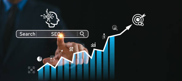 SEO Search Engine Optimization concept. Businessman use AI target icon, SEO website to rank search engines or SEO. Search with Ai assistant on virtual screen. Artificial Intelligence data technology