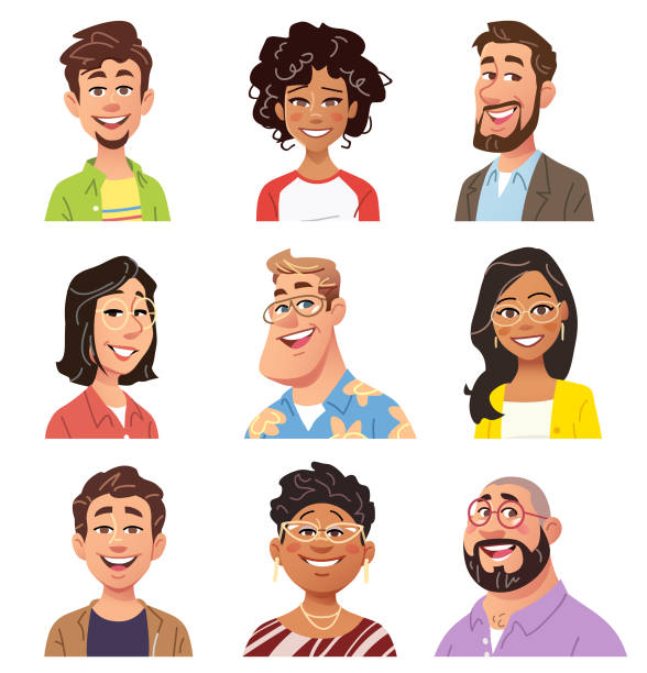Diverse people portraits avatar set in cartoon style. Illustration of cheerful men and women of different ages and ethnicities isolated on white background. Hand drawn vector design concept. Part of a series.