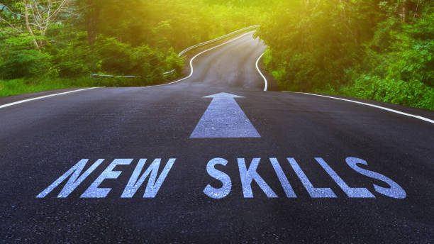 istock Self development concept and changing skill demand idea, New skills and arrow written on asphalt road, New skills concept. 2176867776