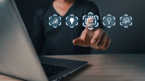istock Man touch icon ai, Marketers education, research, analyze media video streaming content creation and online marketing strategies to grow their digital business. Ai generates concept 2176871080