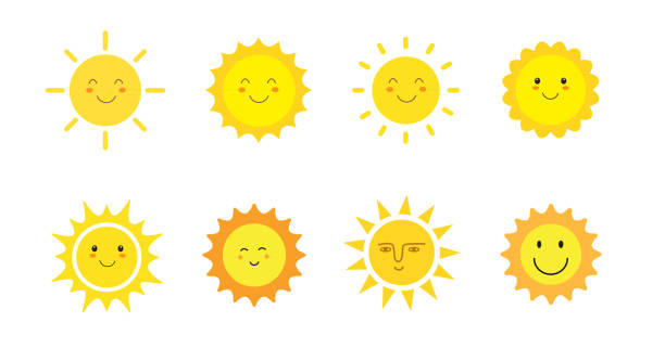 ilustrações de stock, clip art, desenhos animados e ícones de sun smile icon set. happy smiling sun. cute sun. sunshine emoji. funny emotion. vector illustration - luz solar