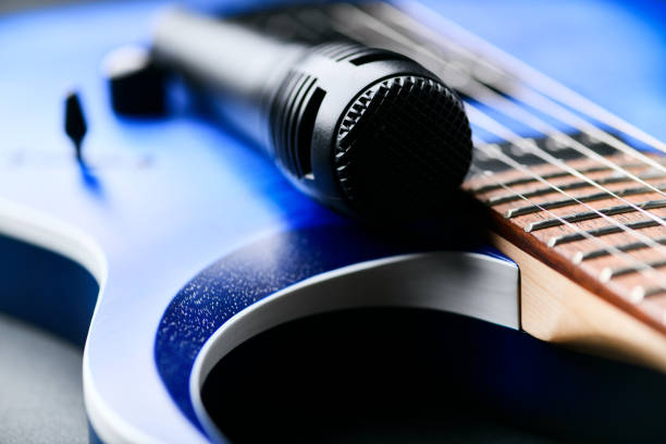 Microphone on electric guitar. Soft focus. Close up. Copy space.