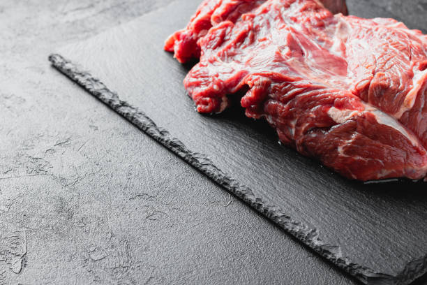 istock Raw beef meat on a black serving plate 2176895777