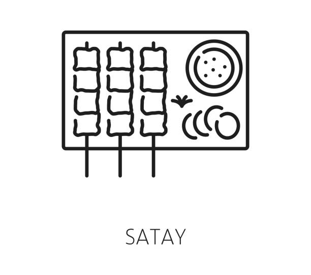Satay Singapore food icon, skewered grilled meat Satay Singapore food, travel vacation icon featuring skewered grilled meat served with dipping sauce and garnishes, representing a popular southeast asian dish known for its flavorful and savory taste black meat tray stock illustrations
