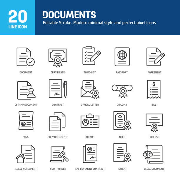 illustrazioni stock, clip art, cartoni animati e icone di tendenza di icone delle linee dei documenti. tratto modificabile. contenente la raccolta di certificati, passaporti, documenti legali, icone delle linee contrattuali. illustrazione vettoriale. per la progettazione di siti web, logo, app, template, ui, ecc - documenti