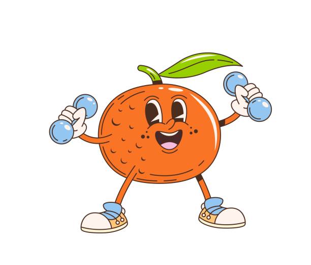 Retro cartoon groovy tangerine fruit character Retro cartoon groovy tangerine fruit character. Isolated vector cheerful orange fruit with a green leaf on top, lifting dumbbells. energetic, happy and healthy personage promotes fitness and vitality oranges with faces stock illustrations