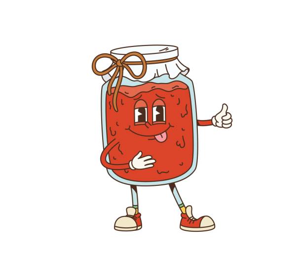 Retro cartoon groovy breakfast jam character. Isolated vector cheerful sweet food personage with a friendly face, sticking out its tongue, and giving a thumbs-up, tied with a bow, wearing sneakers