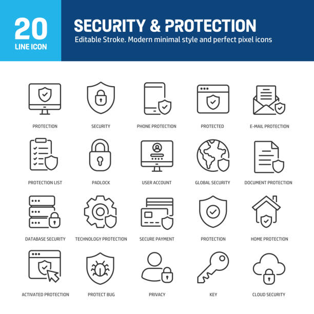 ilustrações de stock, clip art, desenhos animados e ícones de security and protection line icons. editable stroke. containing key, lock, privacy, secure line icons collection. vector illustration. for website design, logo, app, template, ui, etc - sob proteção