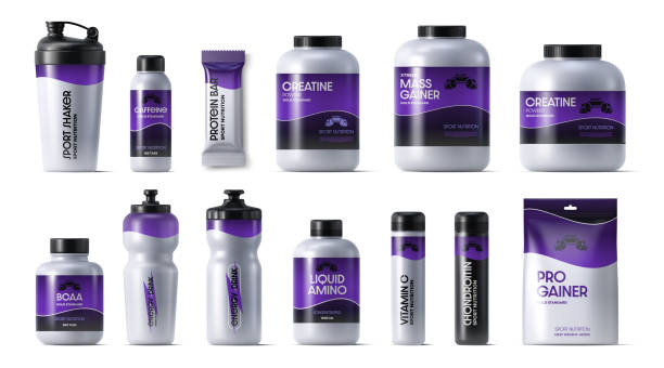 29 84 1 Sport nutrition labels ÐÑдков Sport nutrition packages. Realistic 3d vector mockups of protein shakes, creatine, mass gainers, protein bars, bcaa, energy drinks, and supplements. Packaging for fitness and bodybuilding products protein powder bottle stock illustrations