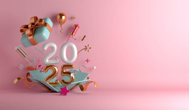 istock Happy new year 2025 decoration background with opened gift box, balloon number, firework rocket, copy space text, 3D rendering illustration 2176931415