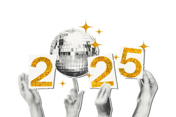2025 New year art collage sticker vector illustration 2025 New year art collage trendy sticker or banner template isolated on transparent background. Halftone hands holding disco ball and cut out gold glitter numbers. Modern retro vector illustration torn paper transparent background stock illustrations