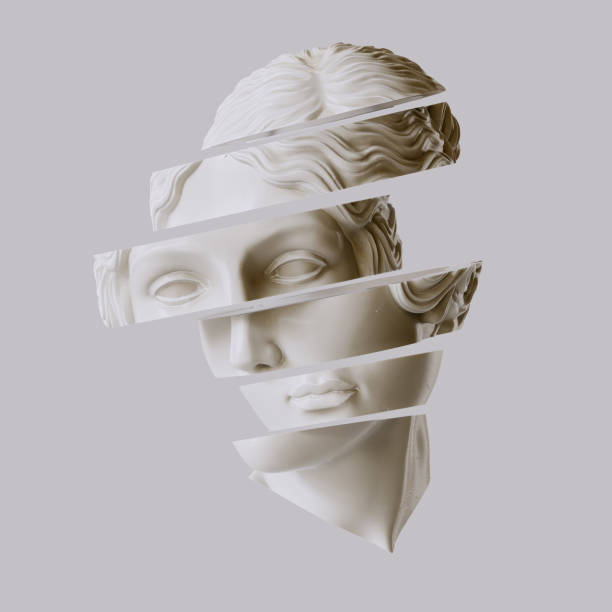 istock Sliced classical marble statue woman head. Surreal fragmented sculpture 3d rendering 2176933298