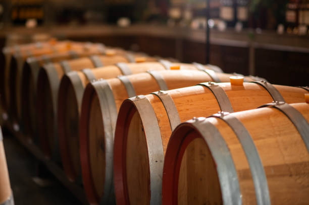 istock Old wooden wine barrels stacked in a cellar in order 2176933543