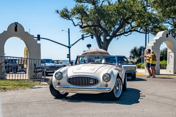 1964 Austin Healey Sebring 5000 MX Convertible Gulfport, MS - October 02, 2023: Low perspective front view of a 1964 Austin Healey Sebring 5000 MX Convertible at a local car show. gulfport florida photos stock pictures, royalty-free photos & images