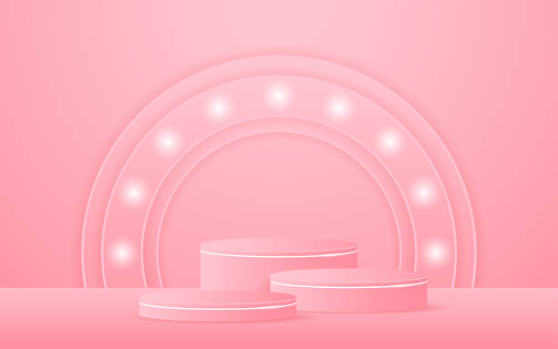 istock Multi-layered pink podium has a pink circular arch at the back for advertisement display 2176939649