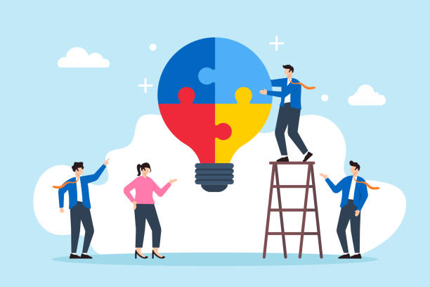 istock Flat illustration of business people collaborate to build lightbulb ideas representing teamwork for company success 2176939678